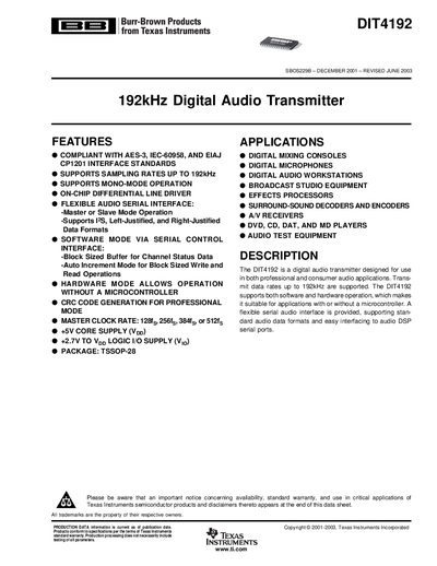 Texas Instruments DIT4192 192kHz Digital Audio Transmitter Datasheet - cover page
