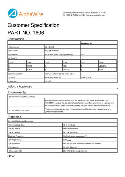 Alpha Wire 1606 Customer Specification - cover page