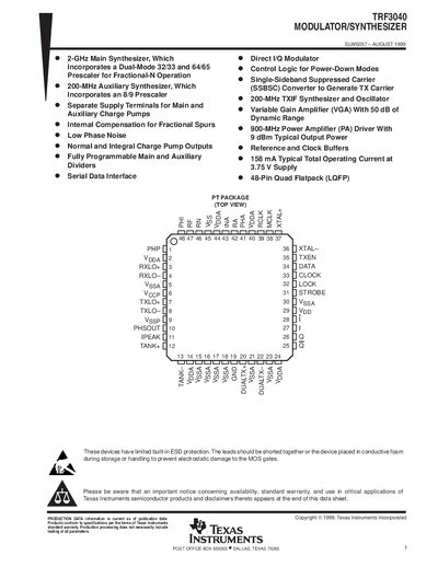 Texas Instruments TRF3040 Modulator/Synthesizer Datasheet - cover page
