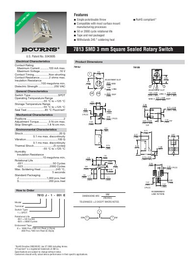 Bourns 7813 SMD 3 mm Square Sealed Rotary Switch Datasheet - cover page