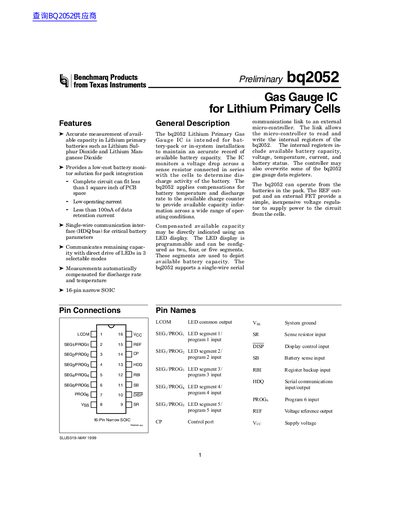 Texas Instruments BQ2052 Gas Gauge IC Datasheet - cover page
