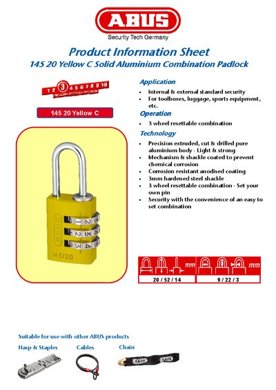 ABUS 145 20 Yellow C Padlock Product Information Sheet - cover page