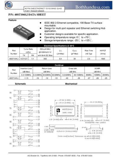 Bothhand 40ST1041J Ethernet Transformer Datasheet - cover page