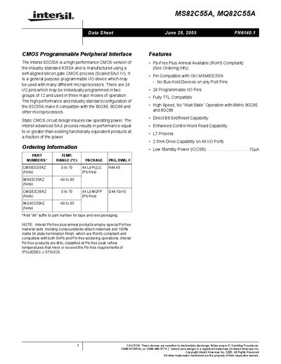 Intersil MS82C55A/MQ82C55A CMOS Programmable Peripheral Interface Datasheet - cover page