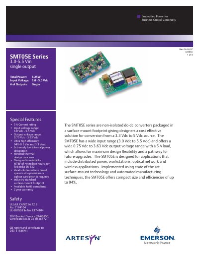 Artesyn SMT05E Series DC-DC Converter Datasheet - cover page