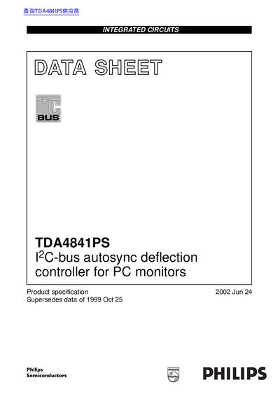 Philips TDA4841PS I2C‑bus Autosync Deflection Controller for PC Monitors Datasheet - cover page