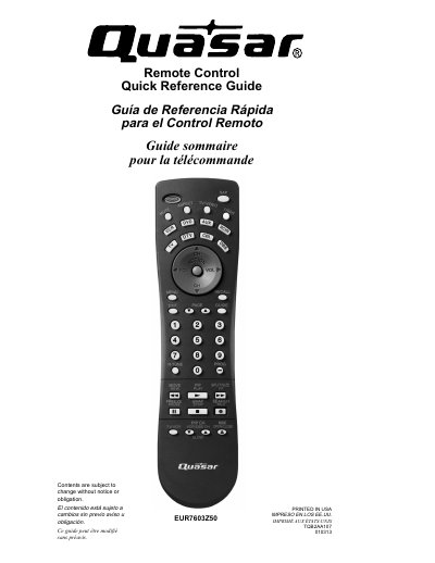 Panasonic EUR7603Z50 Remote Control Quick Reference Guide - cover page