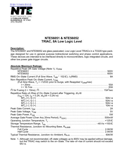 NTE NTE56051 & NTE56052 TRIAC 8A Low Logic Level Datasheet - cover page