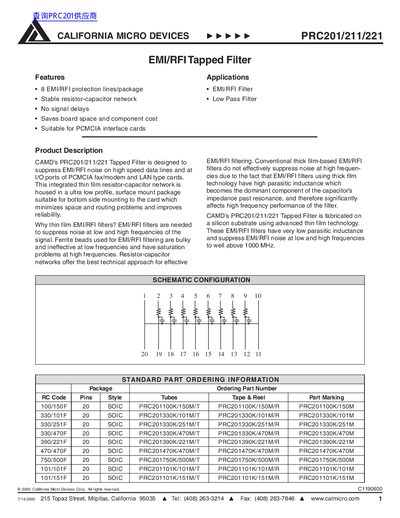 California Micro Devices PRC201/211/221 EMI/RFI Tapped Filter Datasheet - cover page