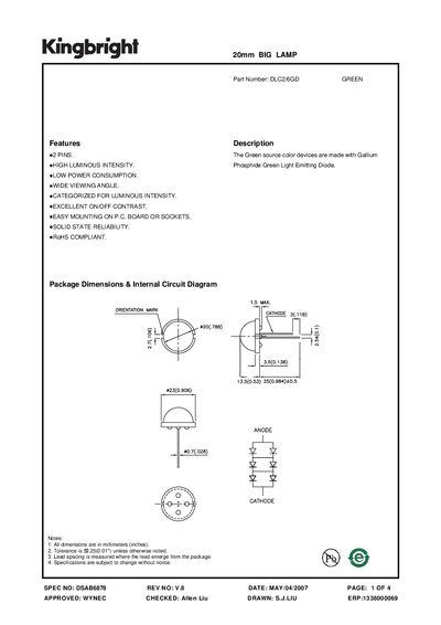 Kingbright DLC2/6GD 20mm BIG LAMP Datasheet - cover page