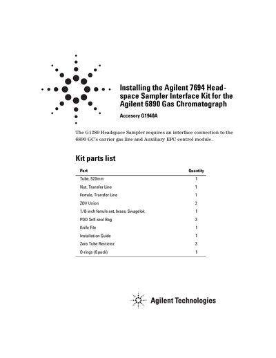 Agilent 7694 Headspace Sampler - Installing the Interface Kit for the 6890 GC guide - cover page