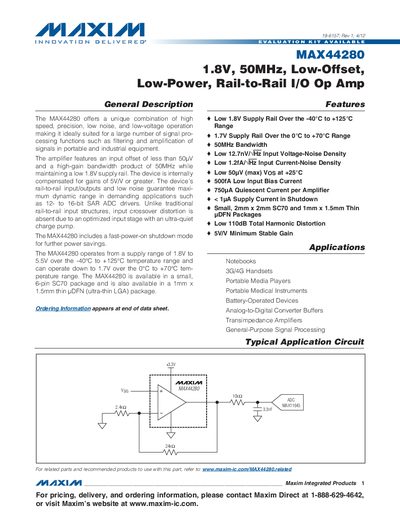 Maxim MAX44280 1.8V 50MHz Low-Offset Low-Power Rail-to-Rail Op Amp Datasheet - cover page