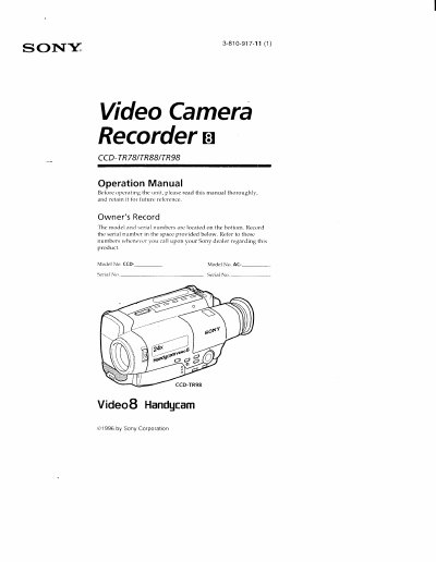Sony CCD-TR78/88/98 Camcorder Operation Manual - cover page