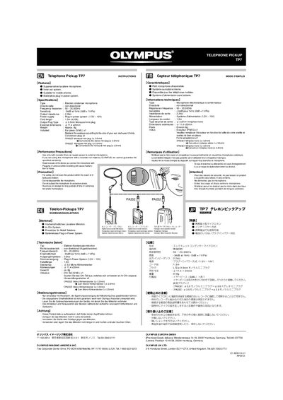 Olympus TP7 Telephone Pickup Instructions - cover page