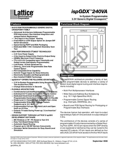 Lattice ispGDX240VA In-System Programmable 3.3V Generic Digital Crosspoint Handbook - cover page