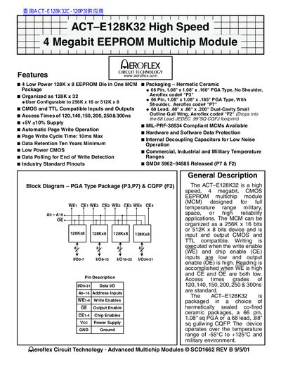 Aeroflex ACT-E128K32 High Speed 4 Megabit EEPROM Multichip Module Datasheet - cover page