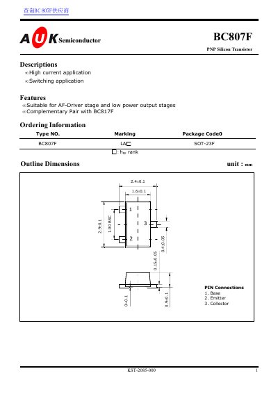 AUK BC807F PNP Silicon Transistor Datasheet - cover page