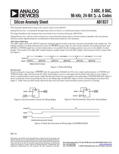 Analog Devices AD1837 Silicon Anomaly Sheet - cover page