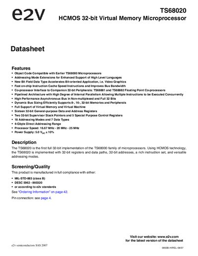 e2v TS68020 HCMOS 32-bit Virtual Memory Microprocessor Datasheet - cover page