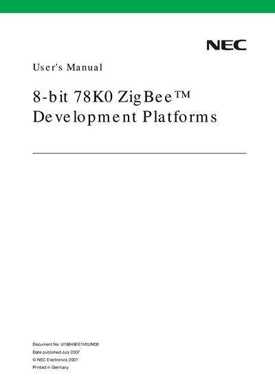 NEC 8-bit 78K0 ZigBee Development Platforms User's Manual - cover page
