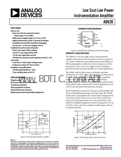 Analog Devices AD620 Instrumentation Amplifier Datasheet - cover page