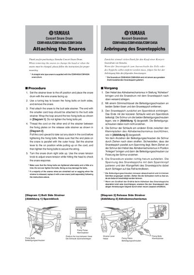 Yamaha CSM1465A/CSM1450A/CSM1345A Concert Snare Drum Attaching the Snares - cover page