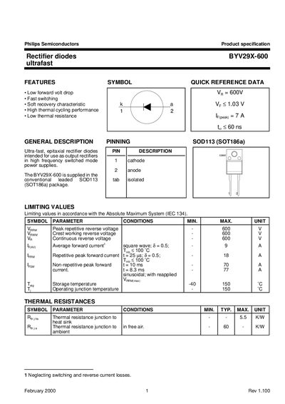 Philips BYV29X-600 Ultrafast Rectifier Diode Datasheet