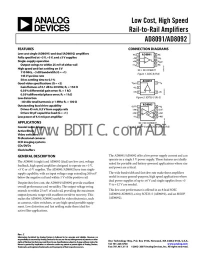 Analog Devices AD8091/AD8092 Datasheet - cover page