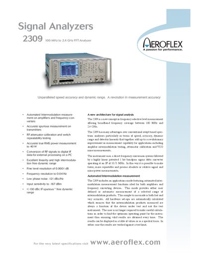 Aeroflex 2309 Signal Analyzer Specification Sheet - cover page