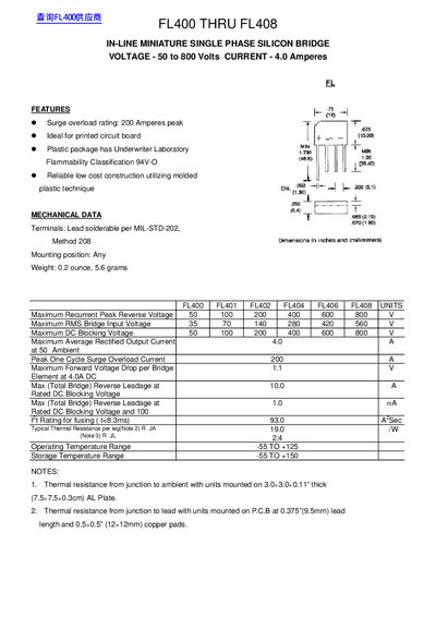 FL400 THRU FL408 IN-LINE MINIATURE SINGLE PHASE SILICON BRIDGE VOLTAGE - 50 to 800 Volts CURRENT - 4.0 Amperes - cover page