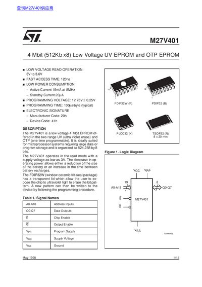 STMicroelectronics M27V401 Low Voltage UV EPROM and OTP EPROM Datasheet - cover page