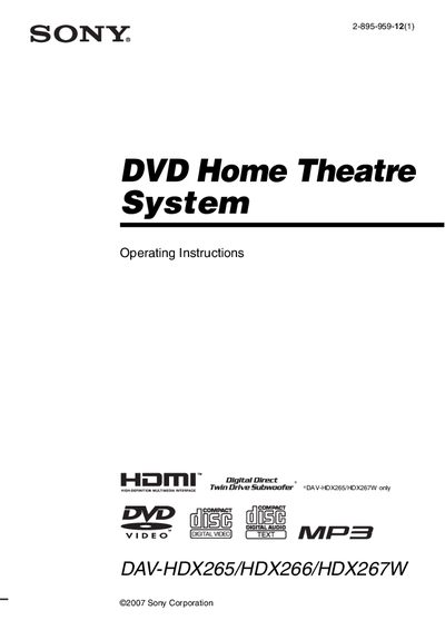 Sony DAV-HDX265/HDX266/HDX267W DVD Home Theatre System Operating Instructions - cover page
