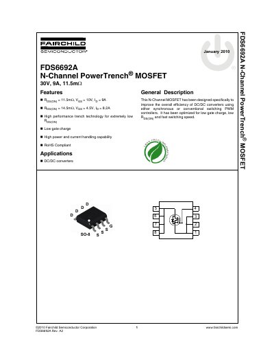 Fairchild Semiconductor FDS6692A N-Channel PowerTrench MOSFET Datasheet - cover page