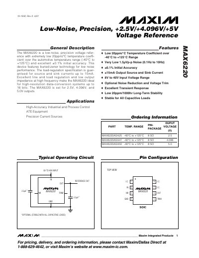 MAXIM MAX6220 Low-Noise Precision +2.5V/+4.096V/+5V Voltage Reference handbook - cover page