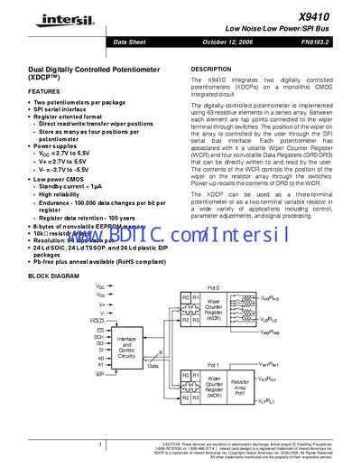 Intersil X9410 Dual Digitally Controlled Potentiometer Data Sheet - cover page