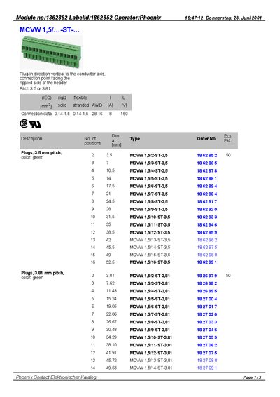Phoenix Contact 1862852 Module Product Datasheet - cover page