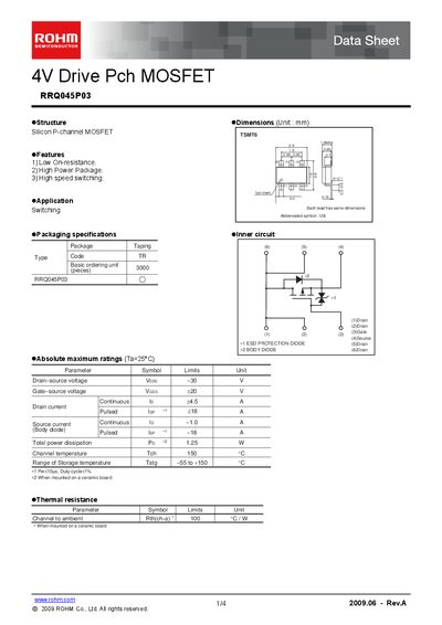 ROHM RRQ045P03 P-Channel MOSFET Data Sheet - cover page