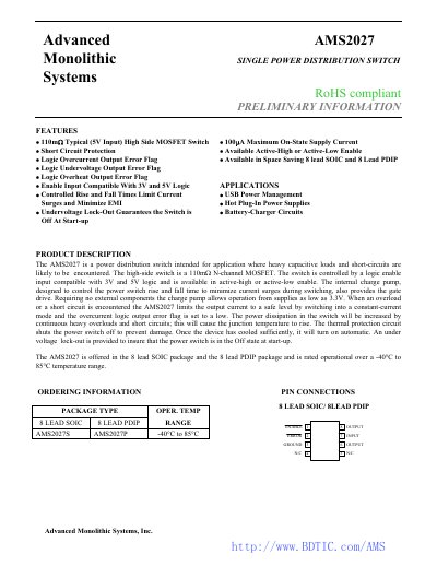 Advanced Monolithic Systems AMS2027 Power Distribution Switch Datasheet - cover page
