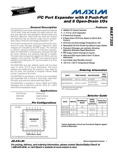 Maxim Integrated MAX7325 I2C Port Expander Datasheet - cover page