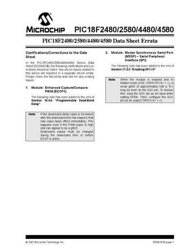 Microchip PIC18F2480/2580/4480/4580 Data Sheet Errata - cover page