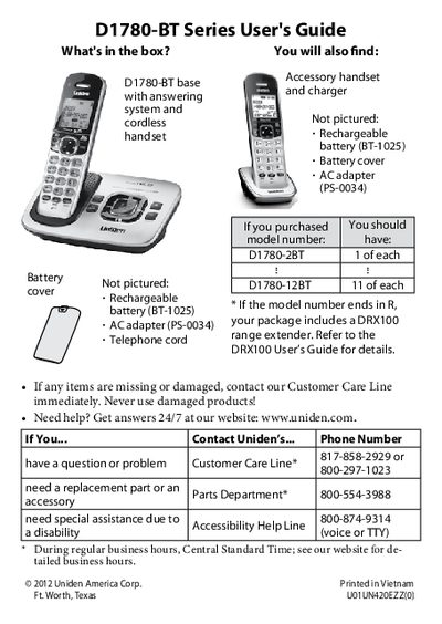 Uniden D1780-BT Series Cordless Phone User's Guide