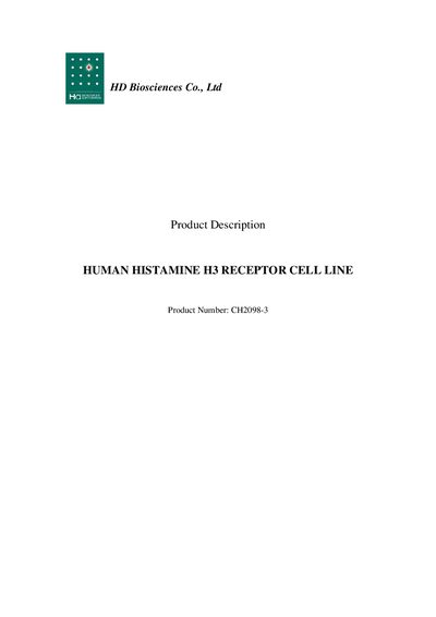 HD Biosciences CH2098-3 Human Histamine H3 Receptor Cell Line Product Description