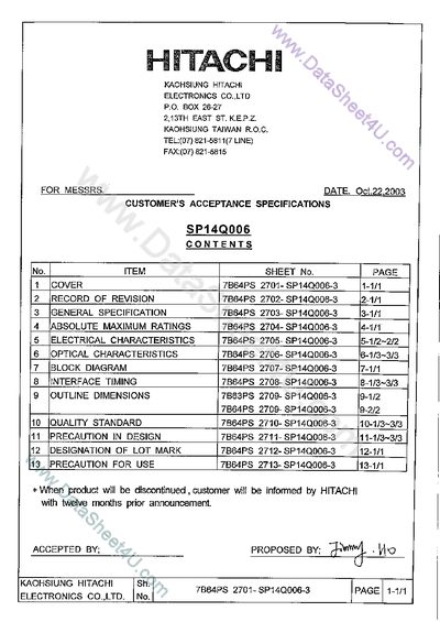 Hitachi SP14Q006 Specification Manual - cover page