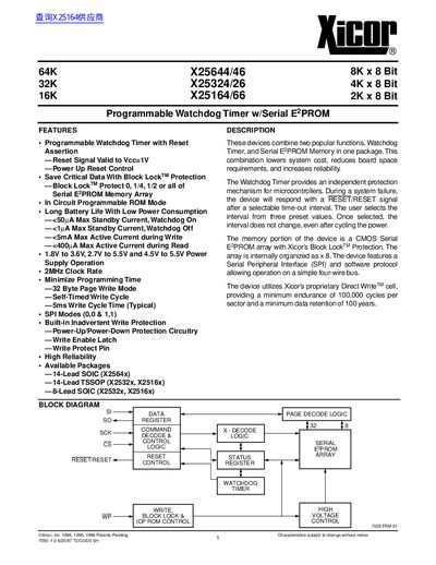Xicor X25644/46 X25324/26 X25164/66 Programmable Watchdog Timer with Serial EPROM Datasheet - cover page