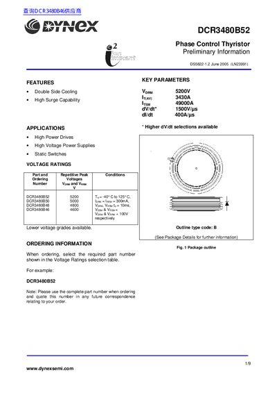 Dynex DCR3480B52 Phase Control Thyristor Datasheet - cover page