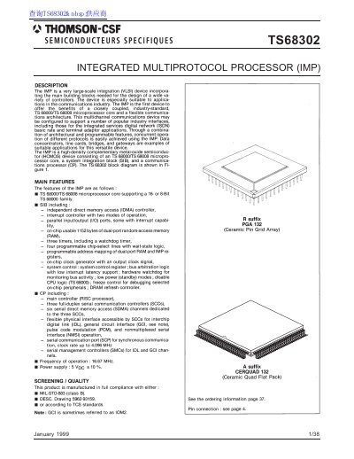 Thomson-CSF TS68302 Integrated Multiprotocol Processor Datasheet - cover page