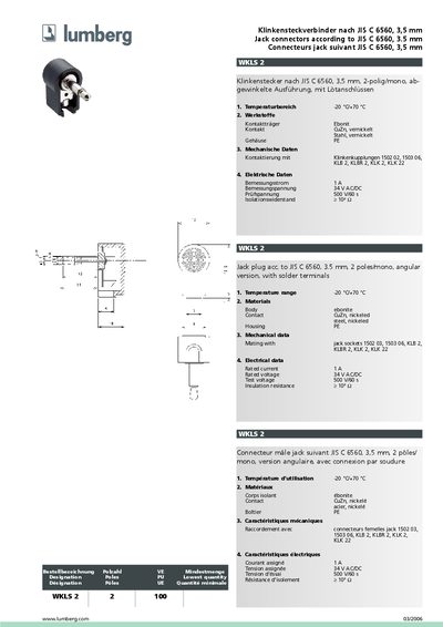 LUMBERG WKLS 2 Klinkensteckverbinder nach JIS C 6560 3 5 mm Jack connectors according to JIS C 6560 3.5 mm Connecteurs jack suivant JIS C 6560 3 5 mm handbook - cover page