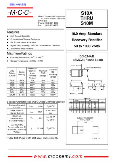Micro Commercial Components S10A Thru S10M Datasheet - cover page