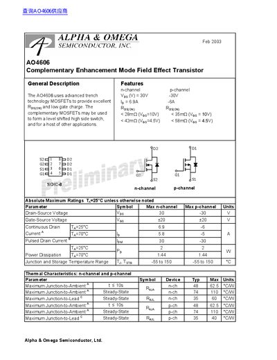 Alpha & Omega AO4606 Datasheet - cover page