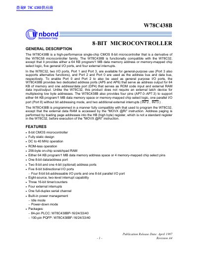 Winbond W78C438B 8-bit Microcontroller Datasheet - cover page